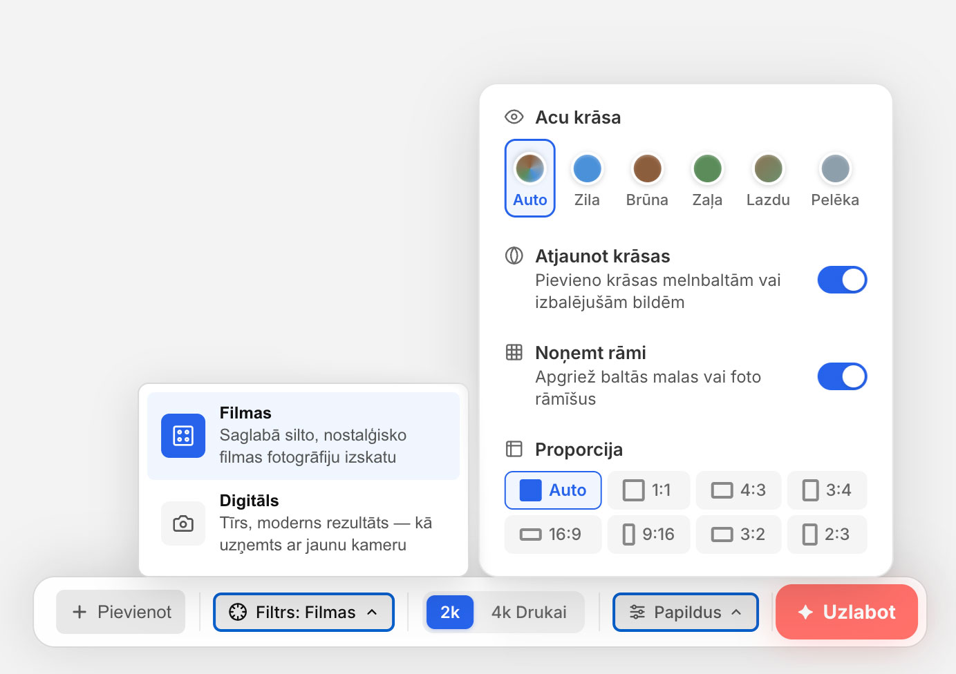 Acu krāsas izvēlne